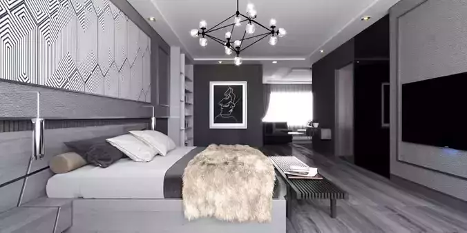 Modern Grey simple luxurious bedroom livingroom bathroom scene 3D model