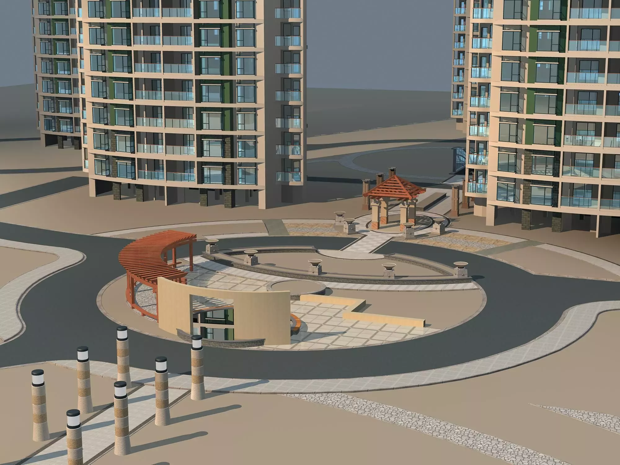 Architecture apartment complex with circular plaza 3D model_0