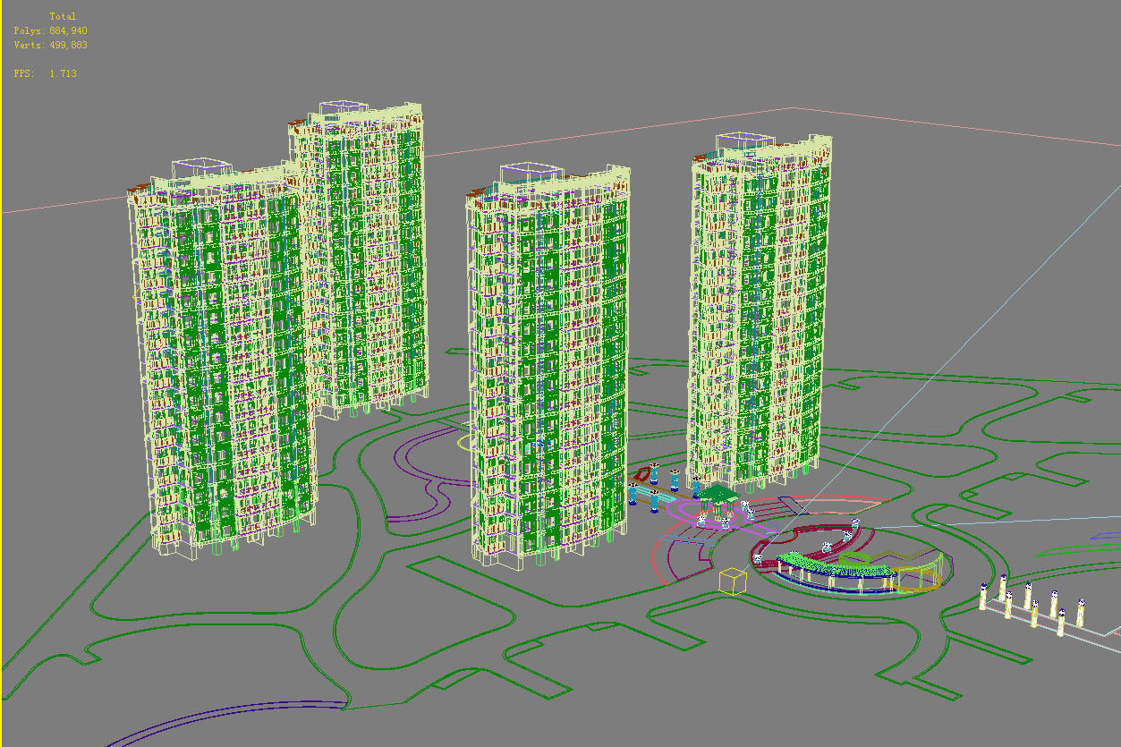 Architecture apartment complex with circular plaza 3D model_1