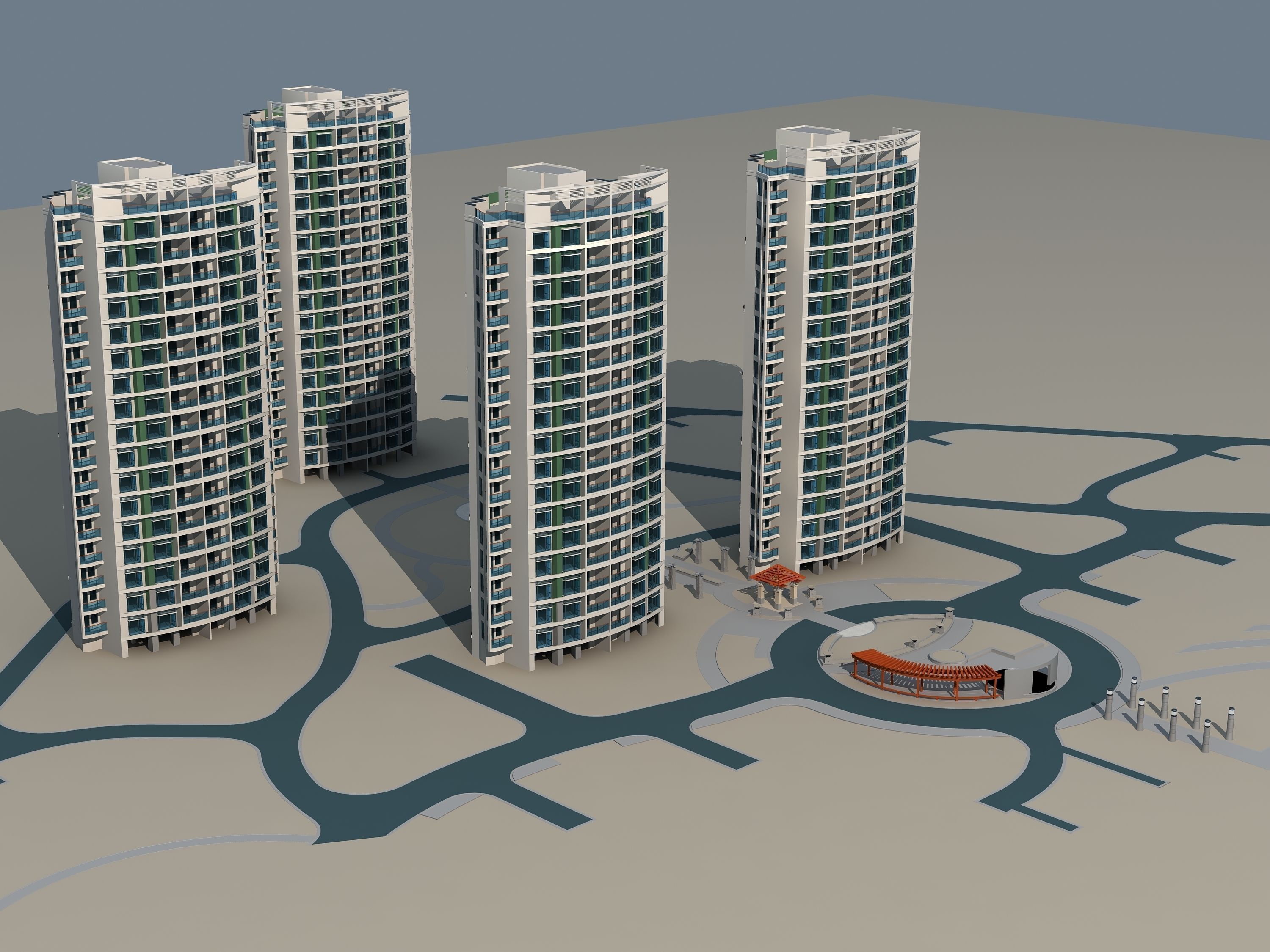 Architecture apartment complex with circular plaza 3D model_2