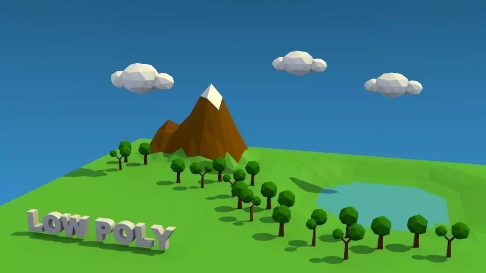 Low poly landscape - Terreno low poly with trees and lake Free low-poly 3D model_0