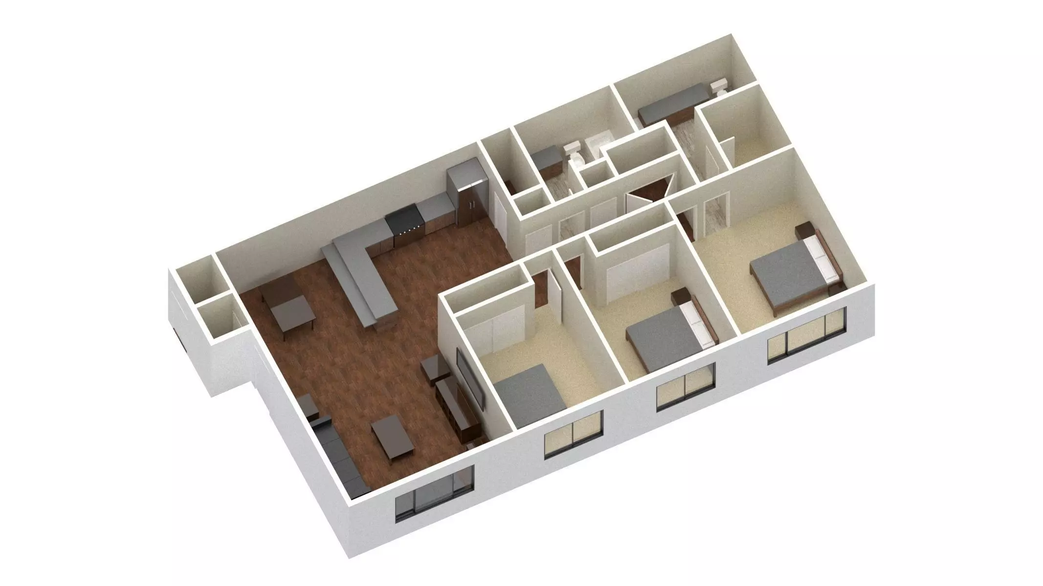 3 Bedroom 2 bathroom apartment unit model modern architectural  Low-poly 3D model_0