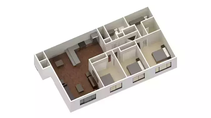 3 Bedroom 2 bathroom apartment unit model modern architectural 