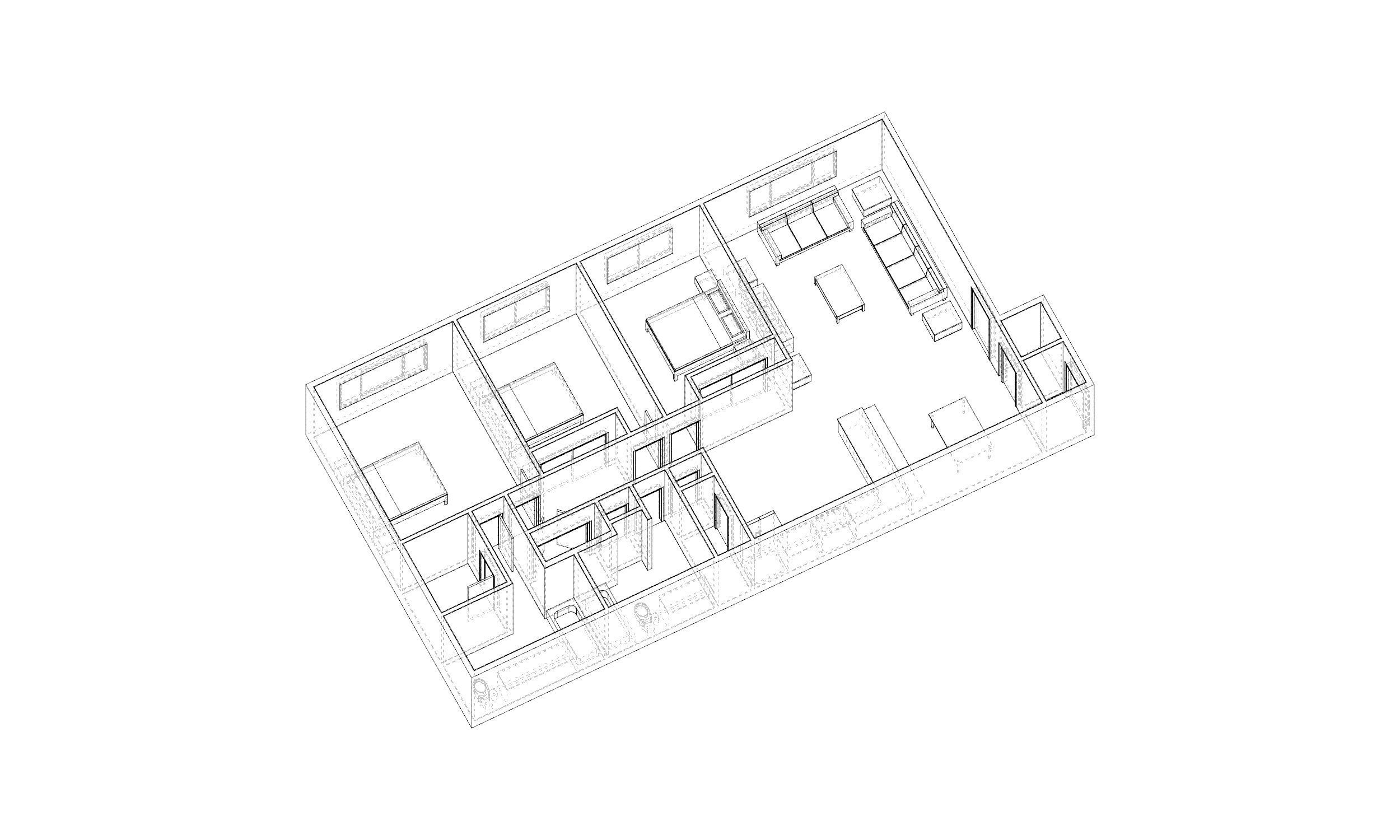 3 Bedroom 2 bathroom apartment unit model modern architectural  Low-poly 3D model_10
