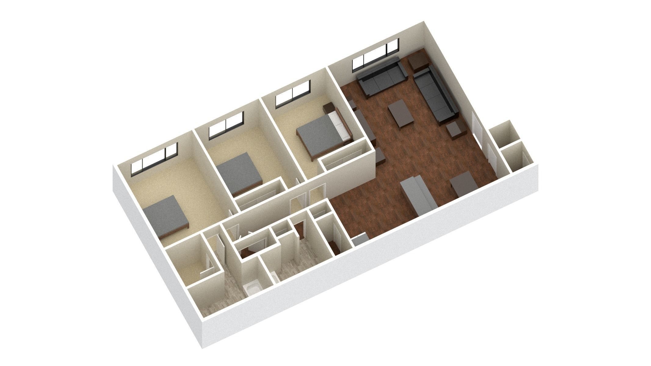 3 Bedroom 2 bathroom apartment unit model modern architectural  Low-poly 3D model_4