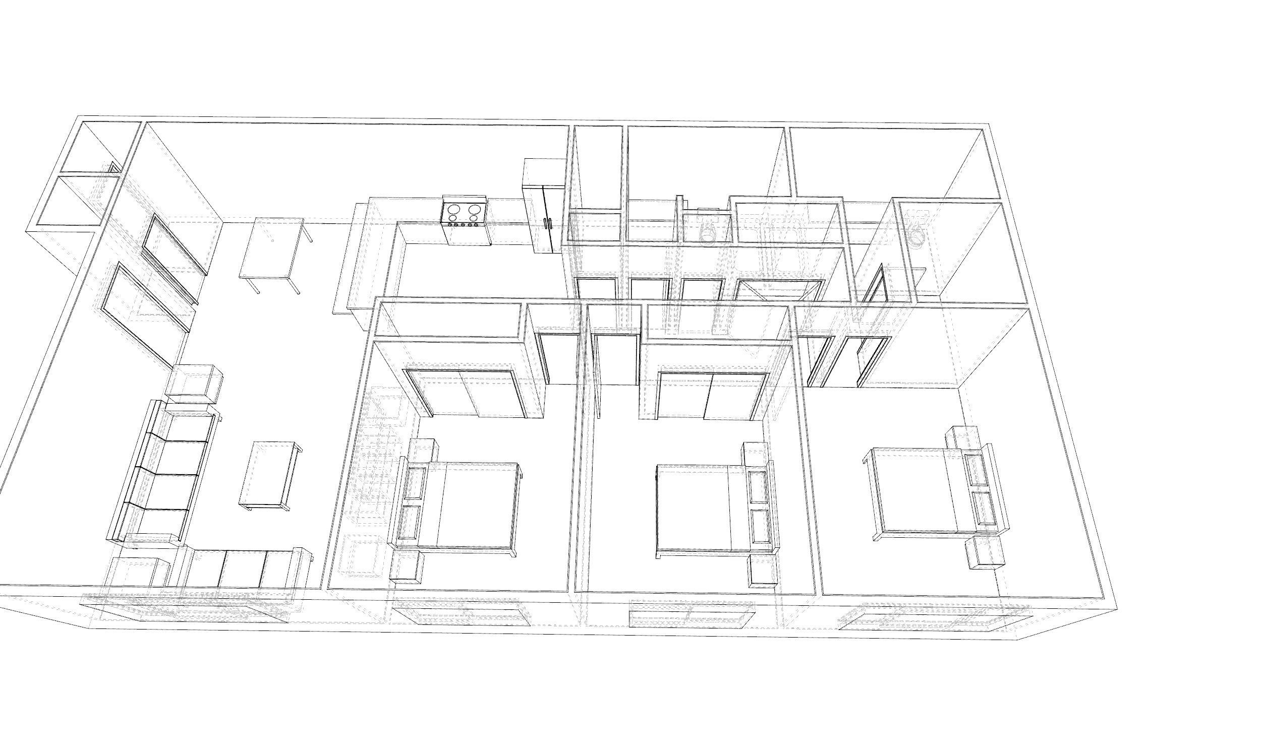 3 Bedroom 2 bathroom apartment unit model modern architectural  Low-poly 3D model_11