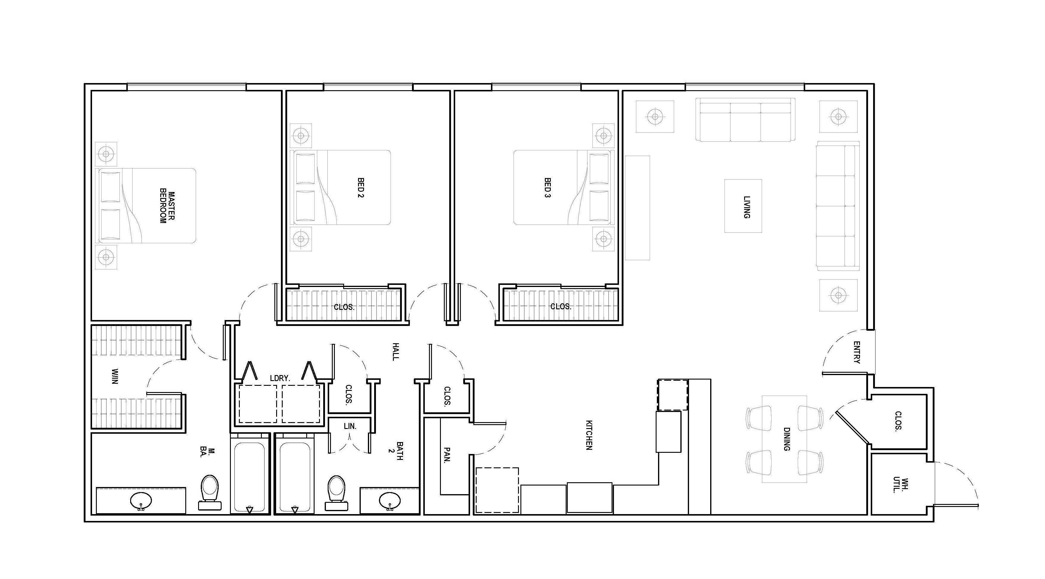 3 Bedroom 2 bathroom apartment unit model modern architectural  Low-poly 3D model_1