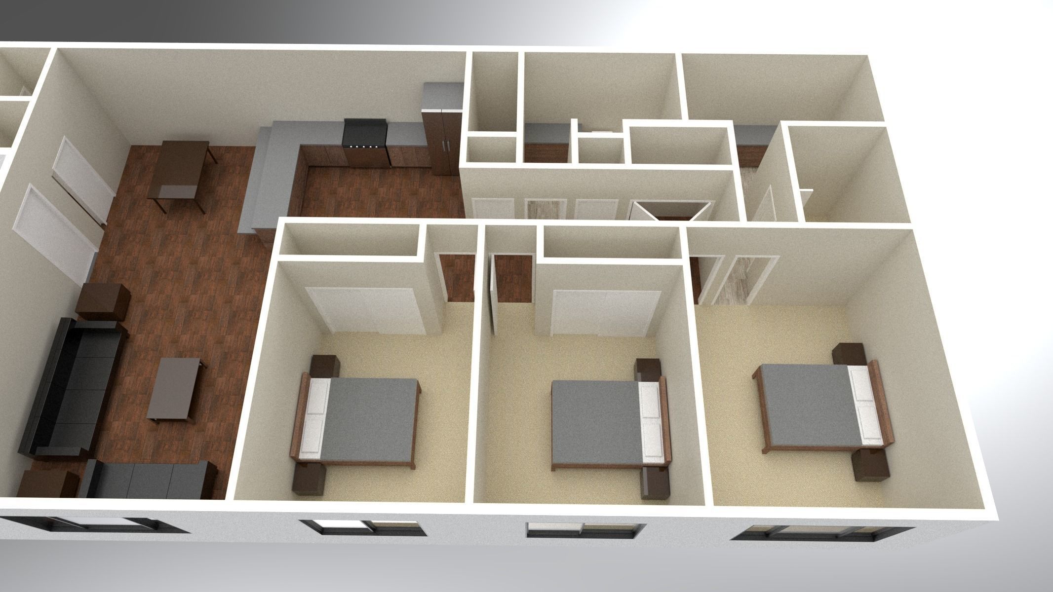 3 Bedroom 2 bathroom apartment unit model modern architectural  Low-poly 3D model_7