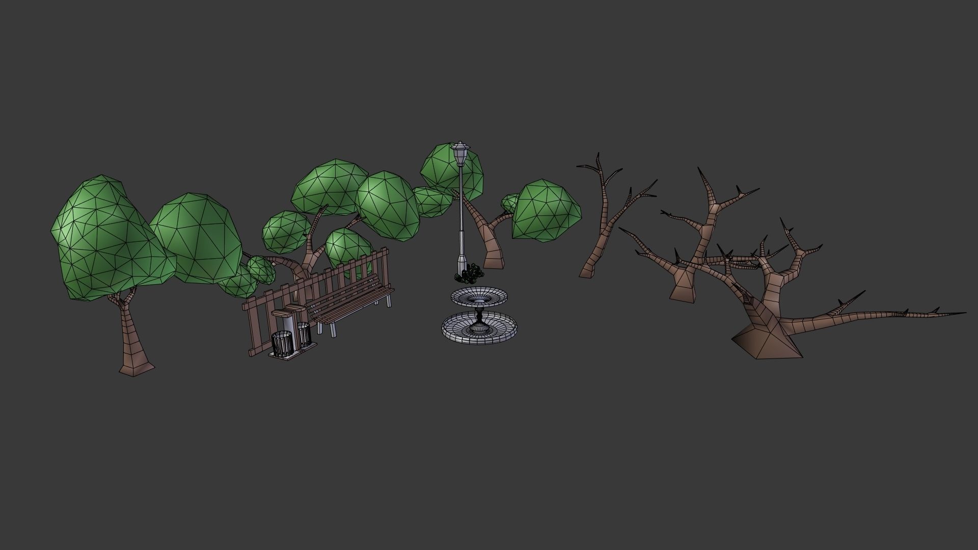 Park - Collection with lamp post and benches Free low-poly 3D model_5