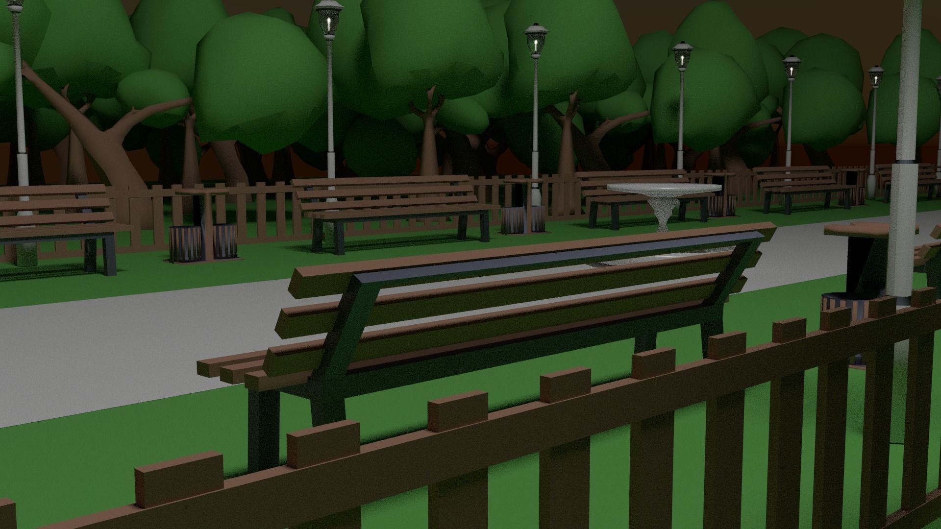 Park - Collection with lamp post and benches Free low-poly 3D model_1