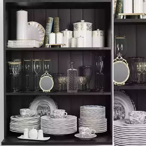 Set-183 dining room shelf with plates and silverware