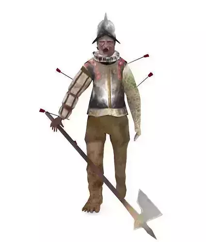 3D Conquistador man in armor holding ax