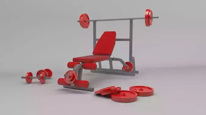 3D Model of gym weight bench and free weights