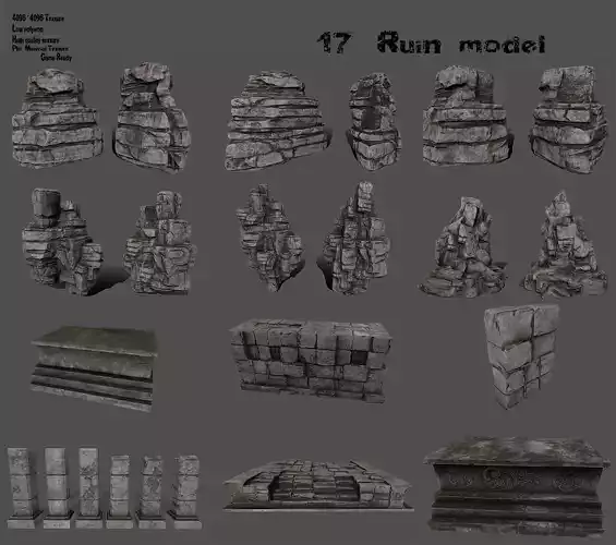 ruin set stone pieces Low-poly 3D model