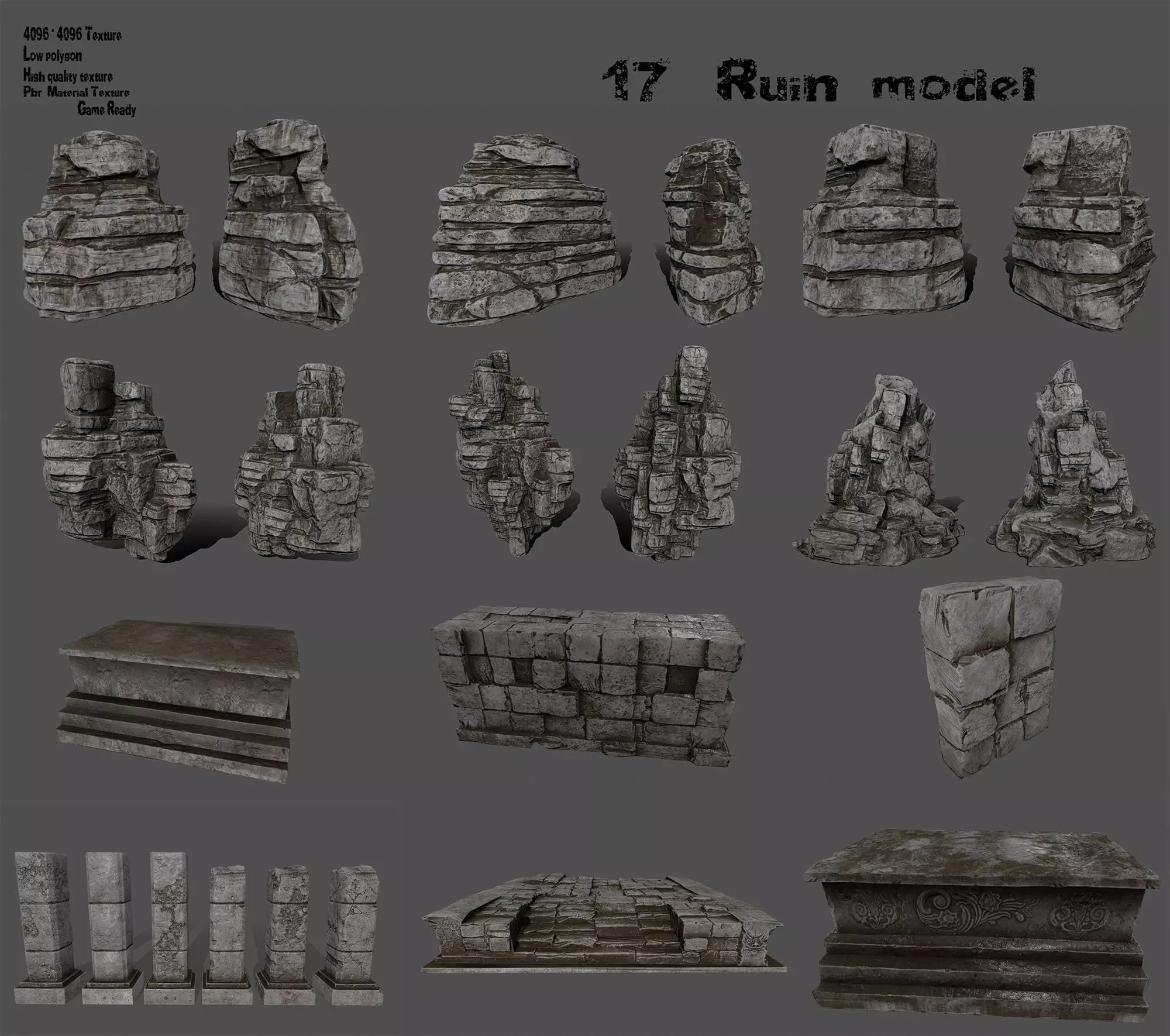 ruin set stone pieces Low-poly 3D model_0