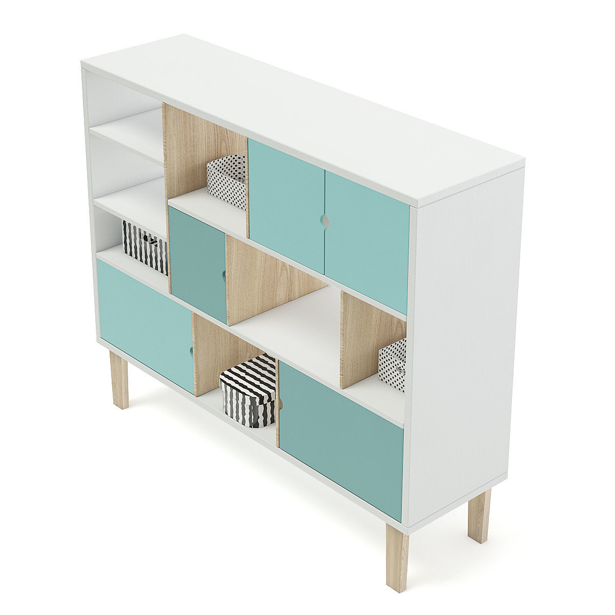 Wooden Shelf with Black and White Boxes 3D model_2