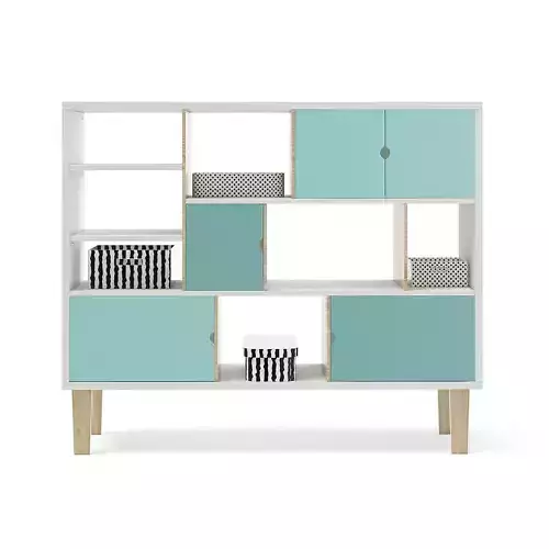 Wooden Shelf with Black and White Boxes