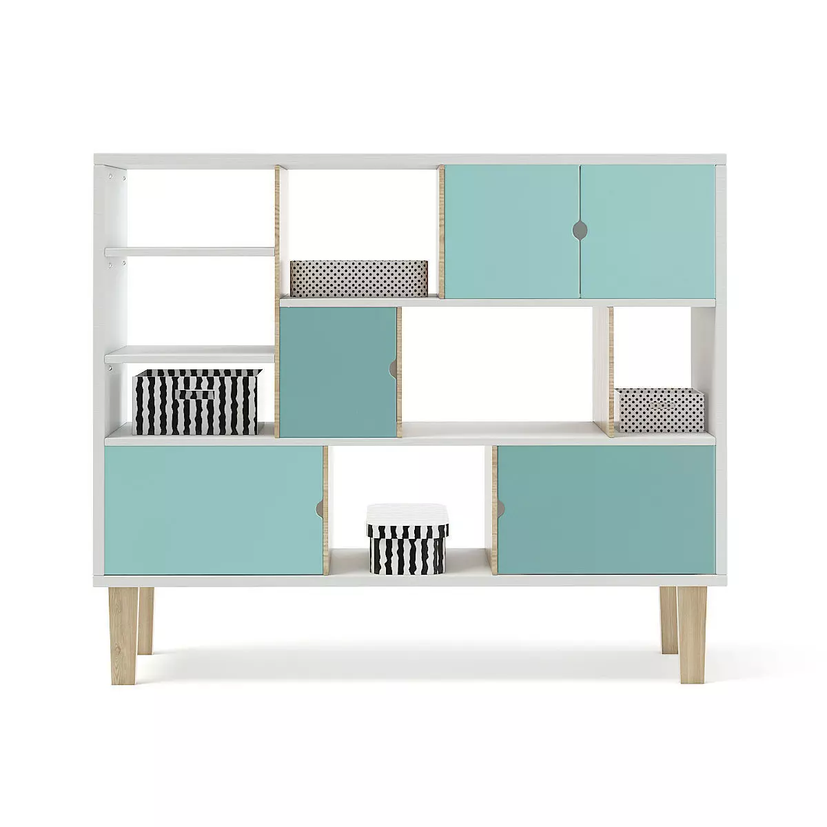 Wooden Shelf with Black and White Boxes 3D model_0