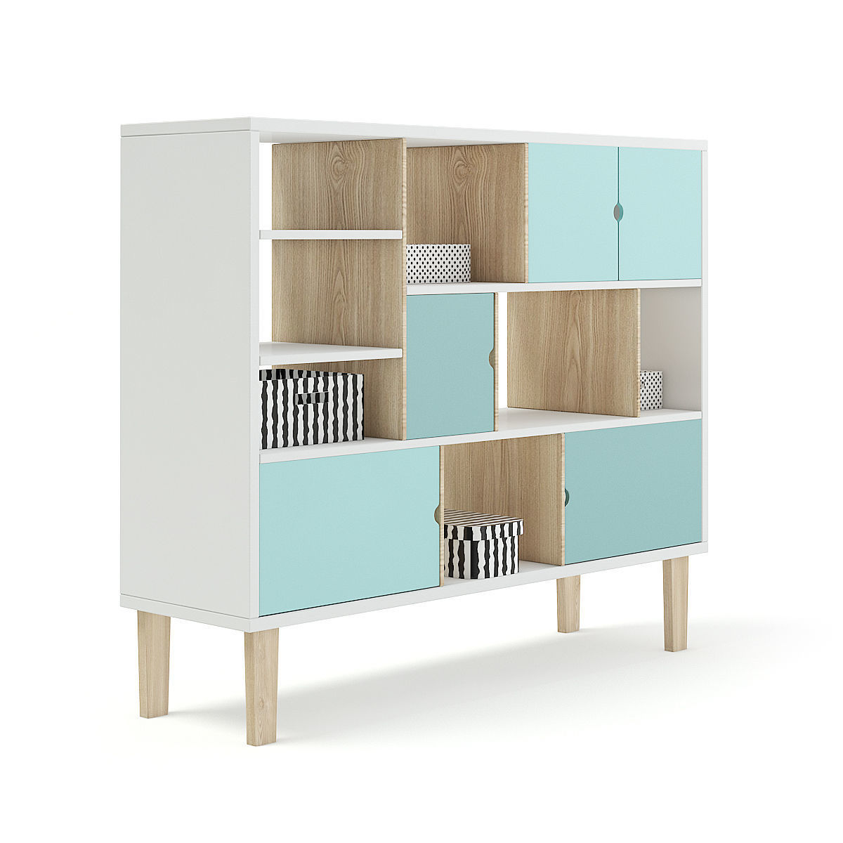 Wooden Shelf with Black and White Boxes 3D model_1