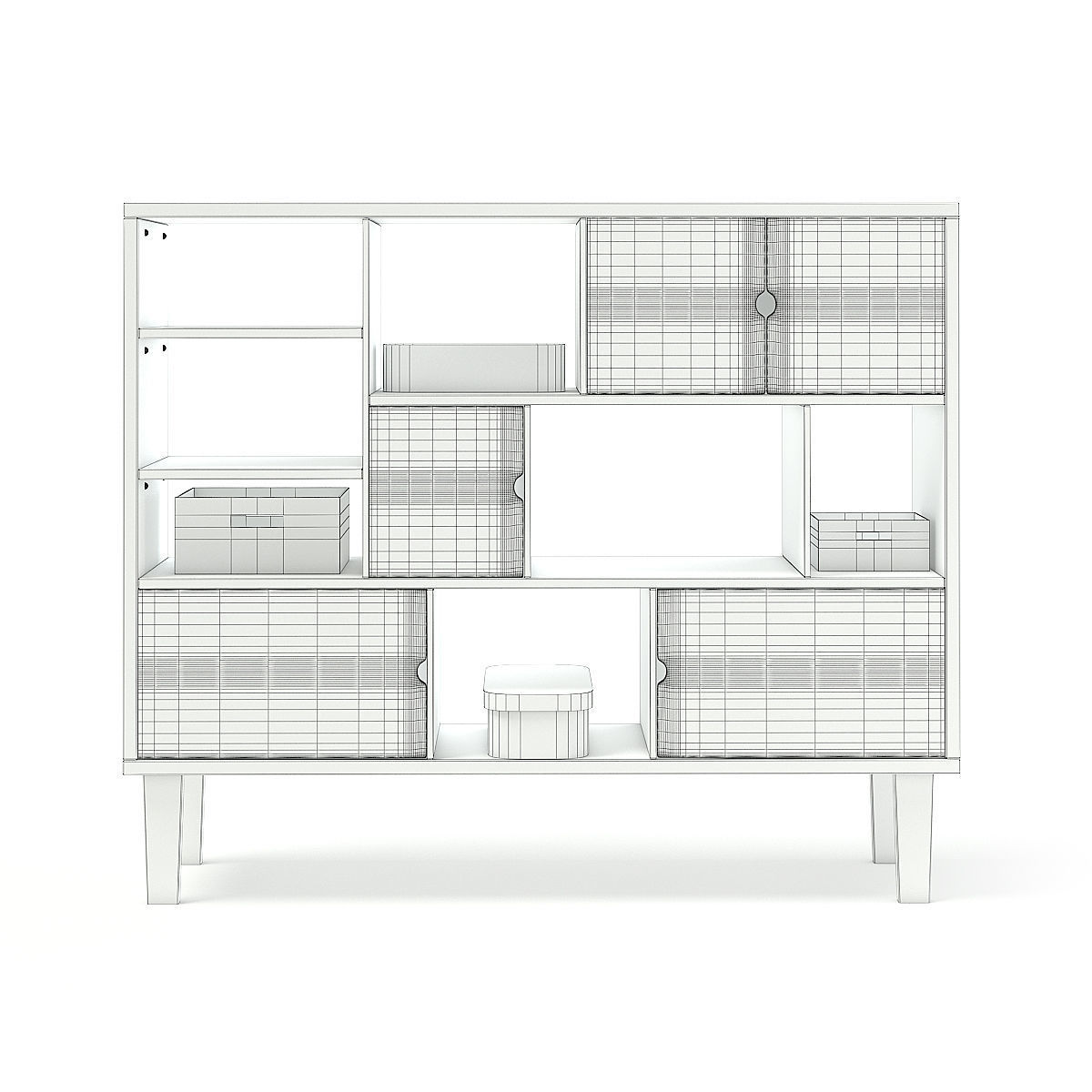 Wooden Shelf with Black and White Boxes 3D model_3