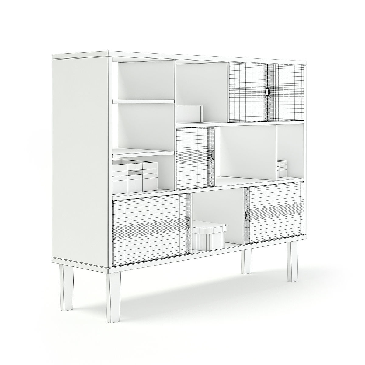 Wooden Shelf with Black and White Boxes 3D model_4