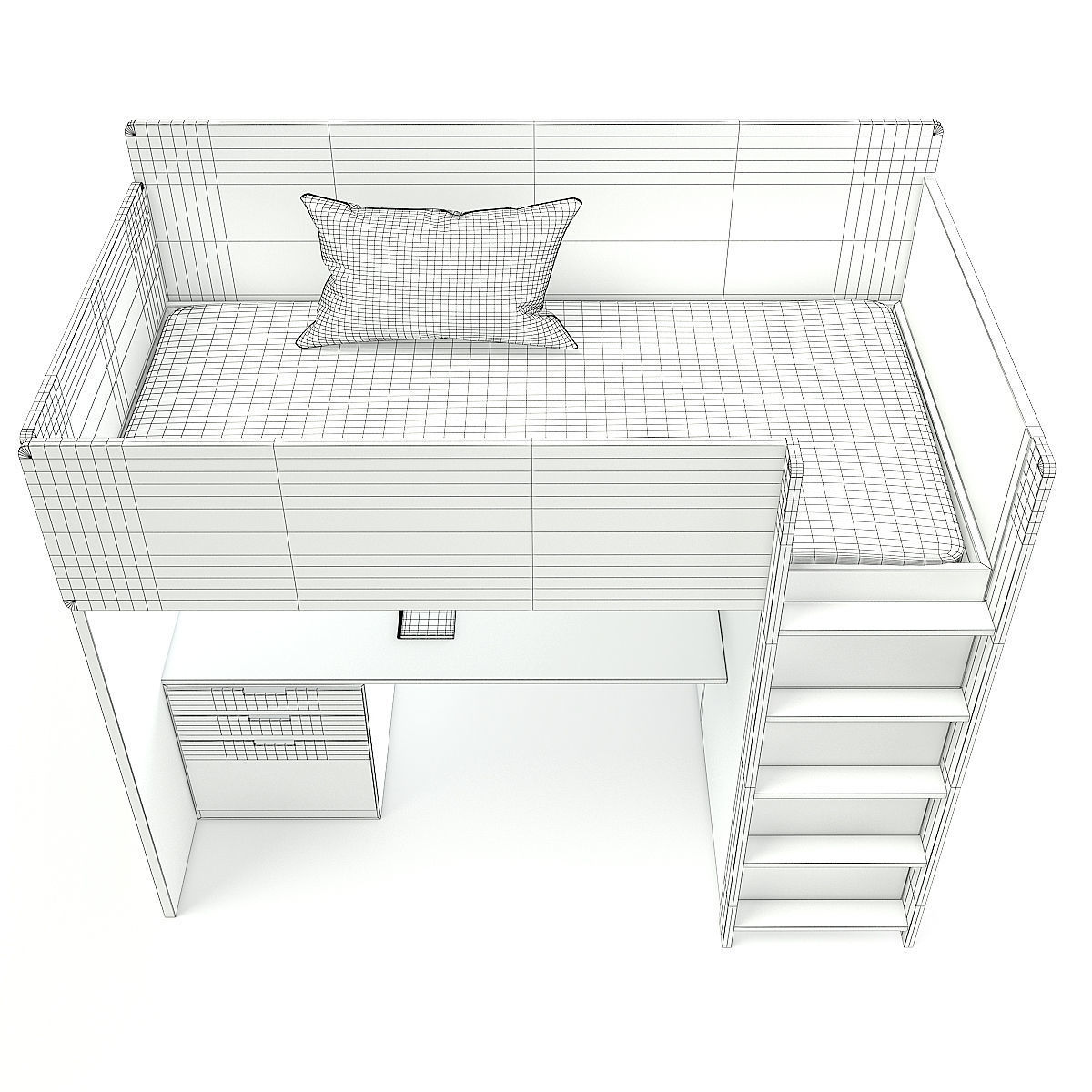 White Bunk Bed with Desk 3D model_5