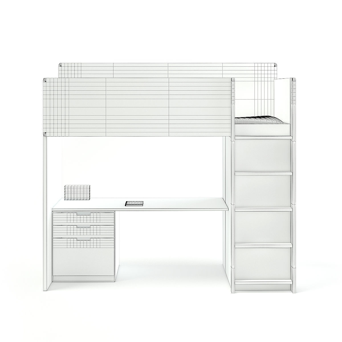White Bunk Bed with Desk 3D model_4