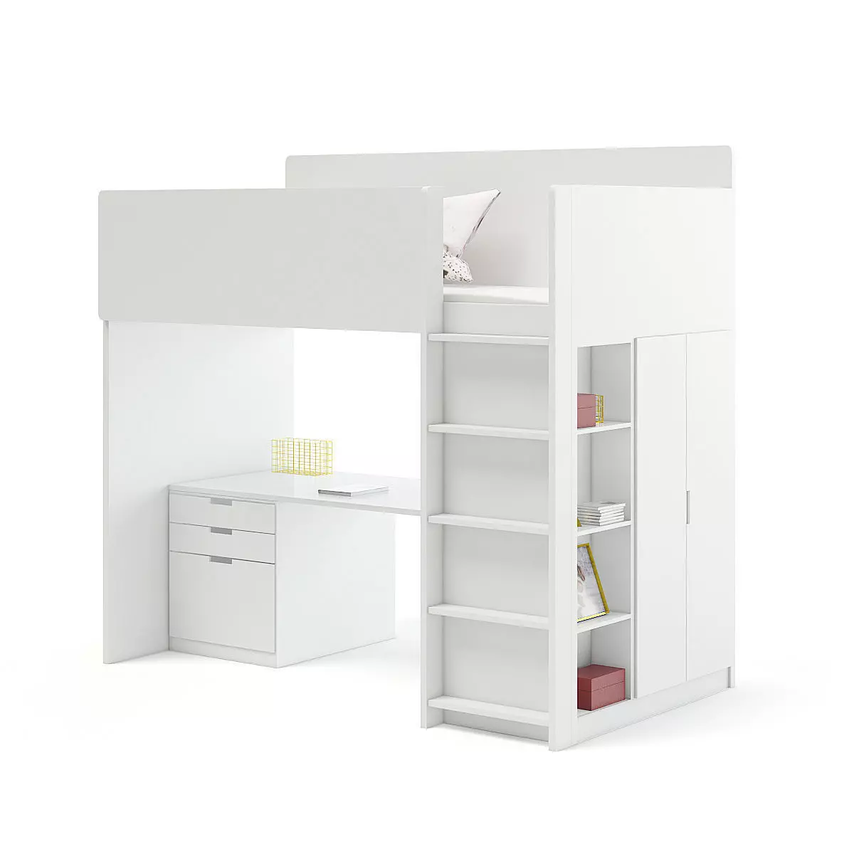 White Bunk Bed with Desk 3D model_0