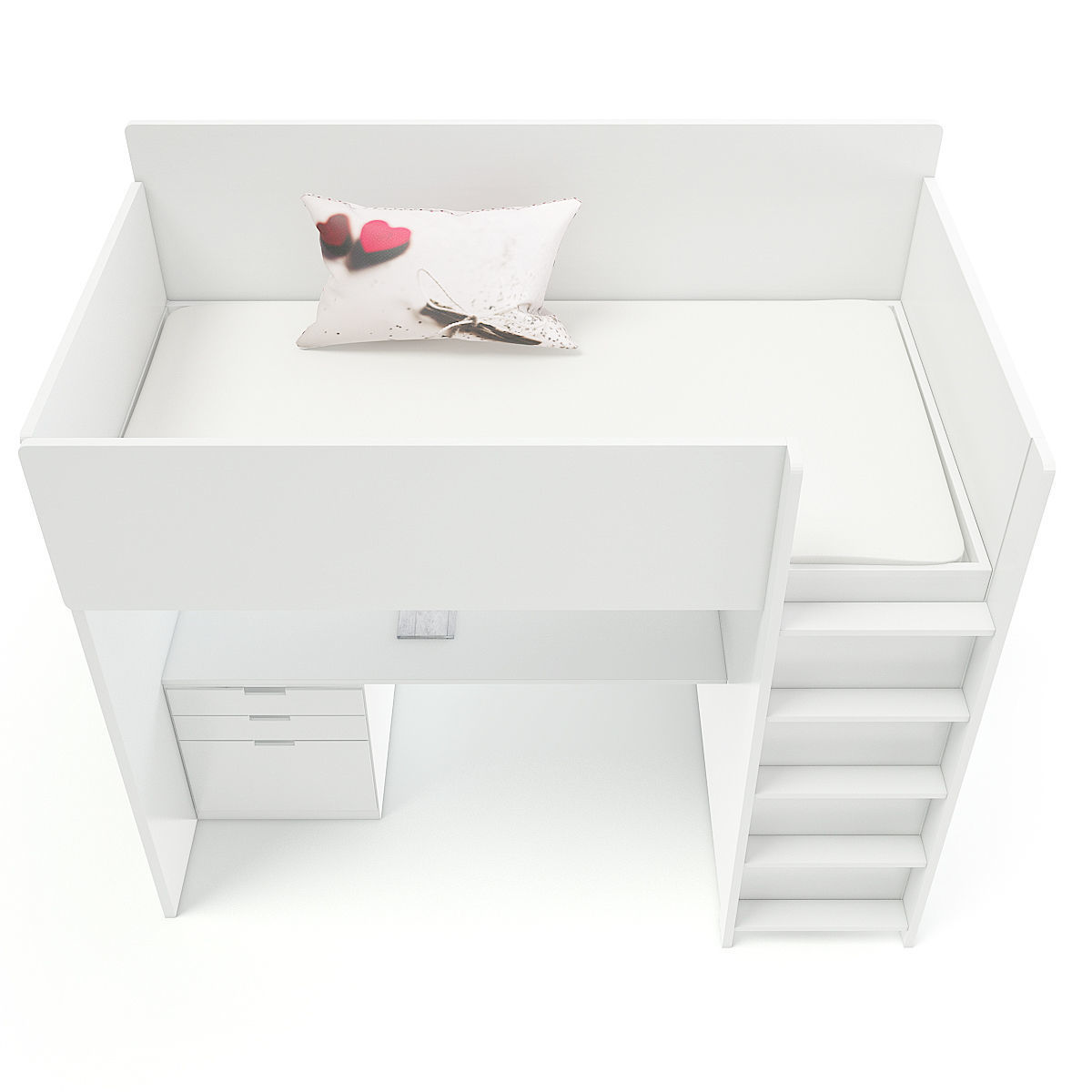 White Bunk Bed with Desk 3D model_2