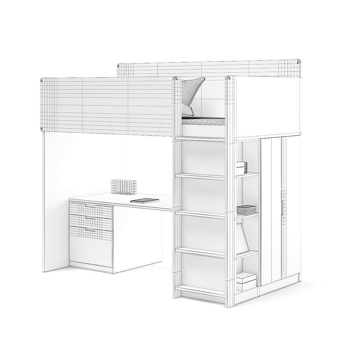 White Bunk Bed with Desk 3D model_3