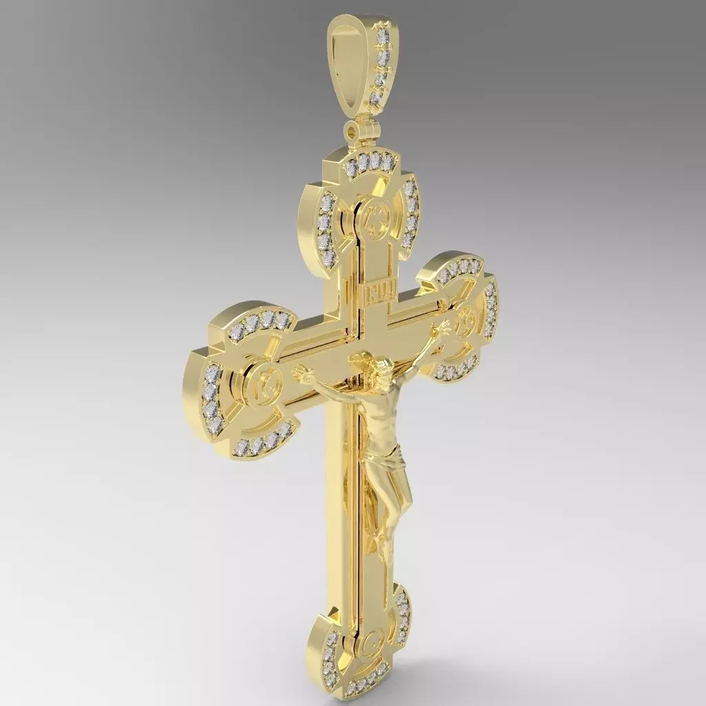 cross gold pendant with diamonds 3D print model_0