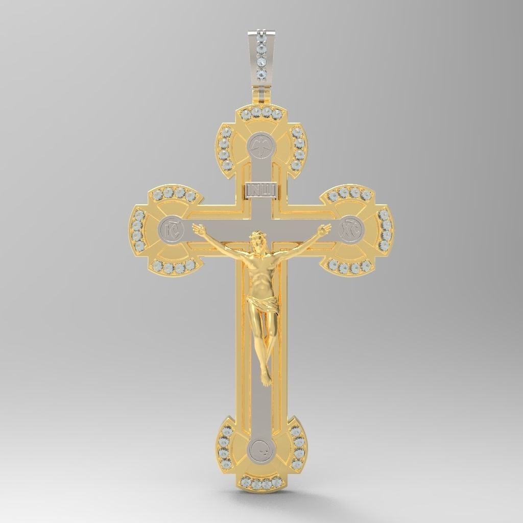 cross gold pendant with diamonds 3D print model_1