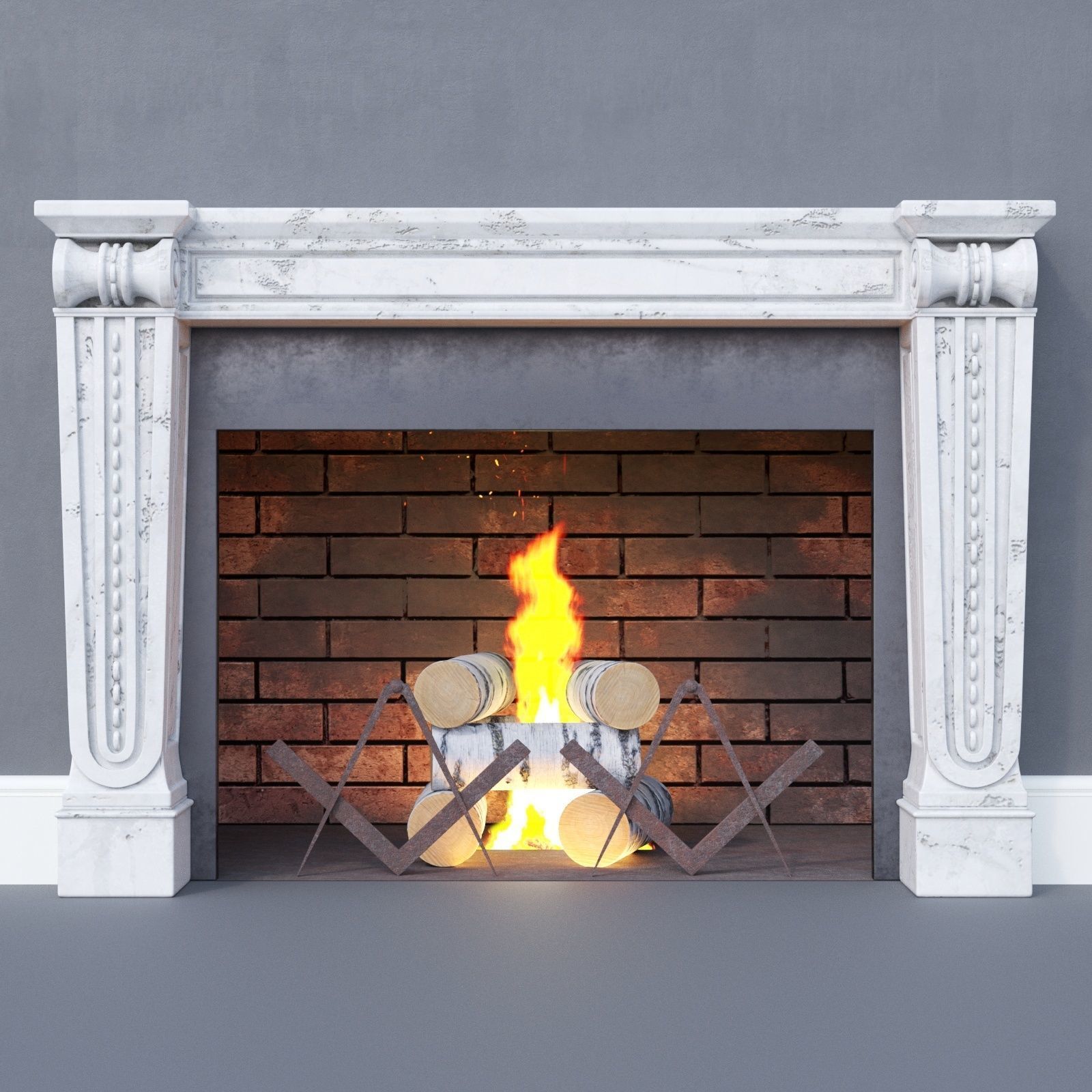 Fireplace classic with fire and firewood 3D model_1