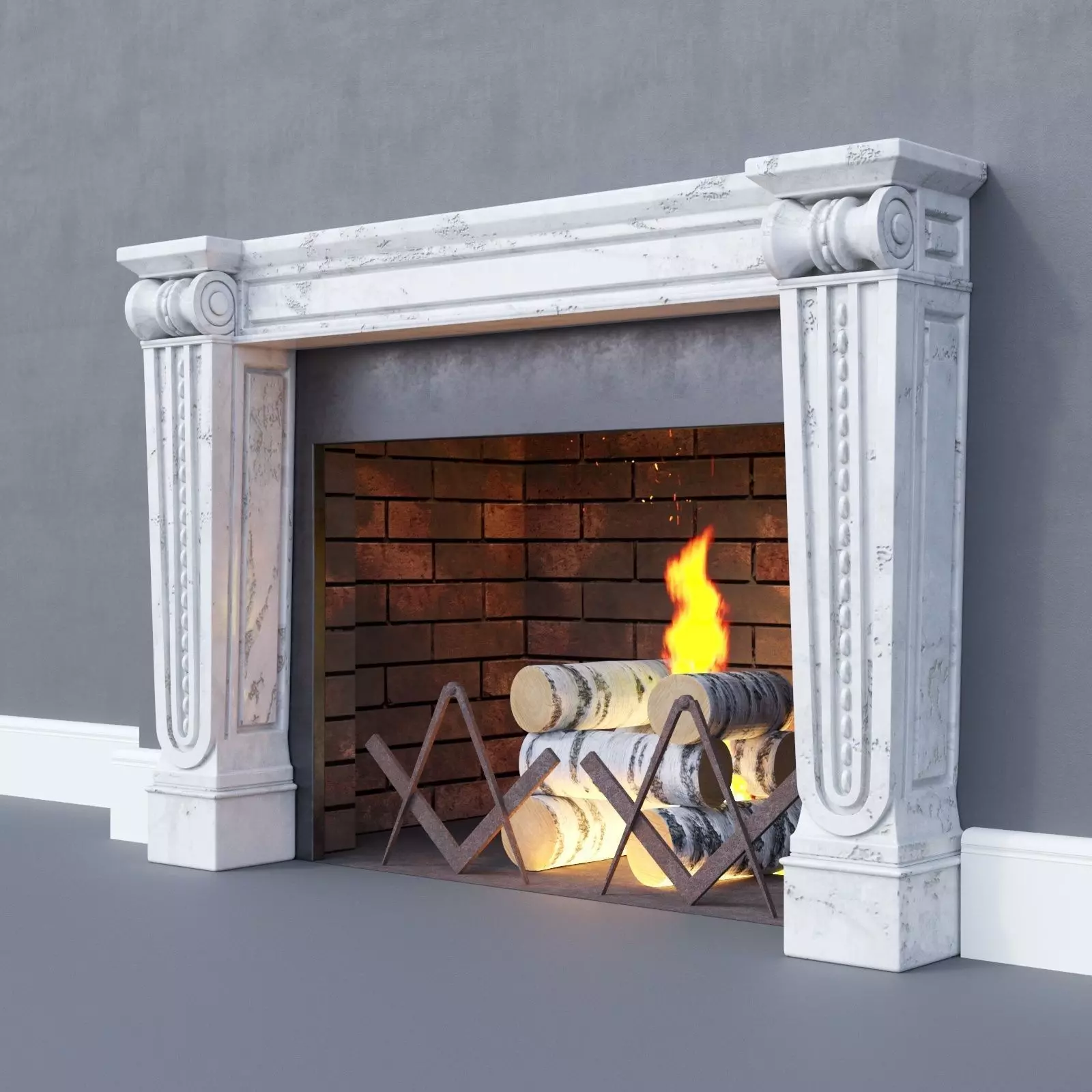 Fireplace classic with fire and firewood 3D model_0