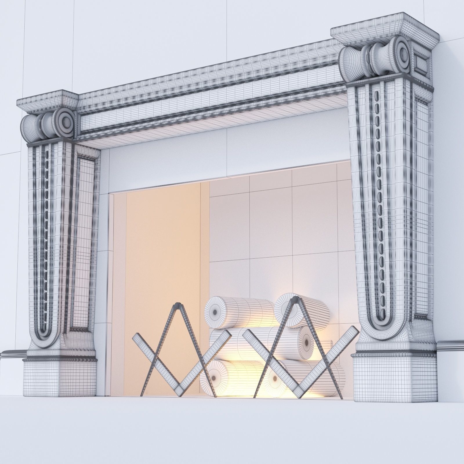 Fireplace classic with fire and firewood 3D model_2