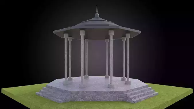 Gazebo structure with stone floor and metal roof stand alone