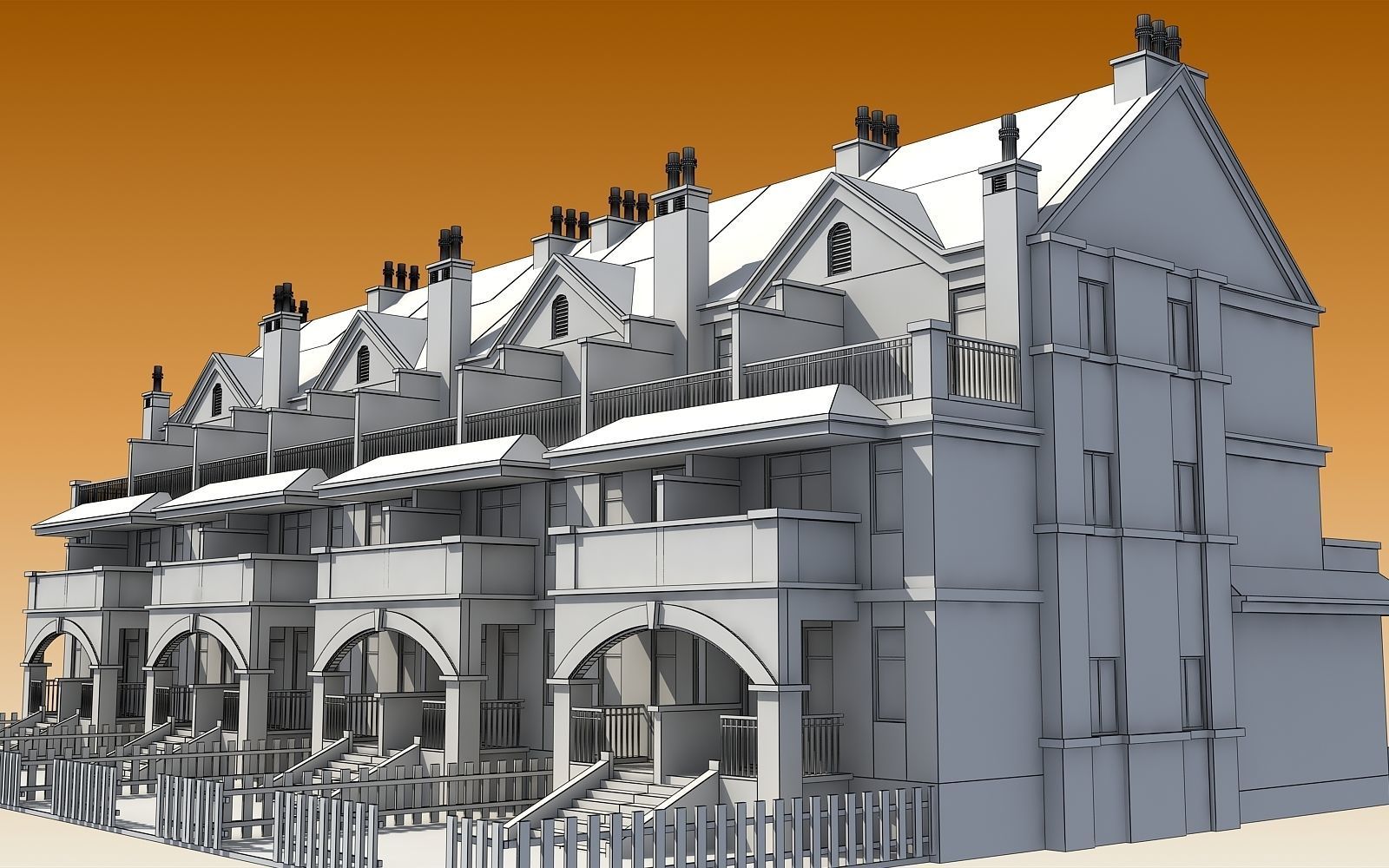 TOWNHOUSES terraced house Low-poly 3D model_2