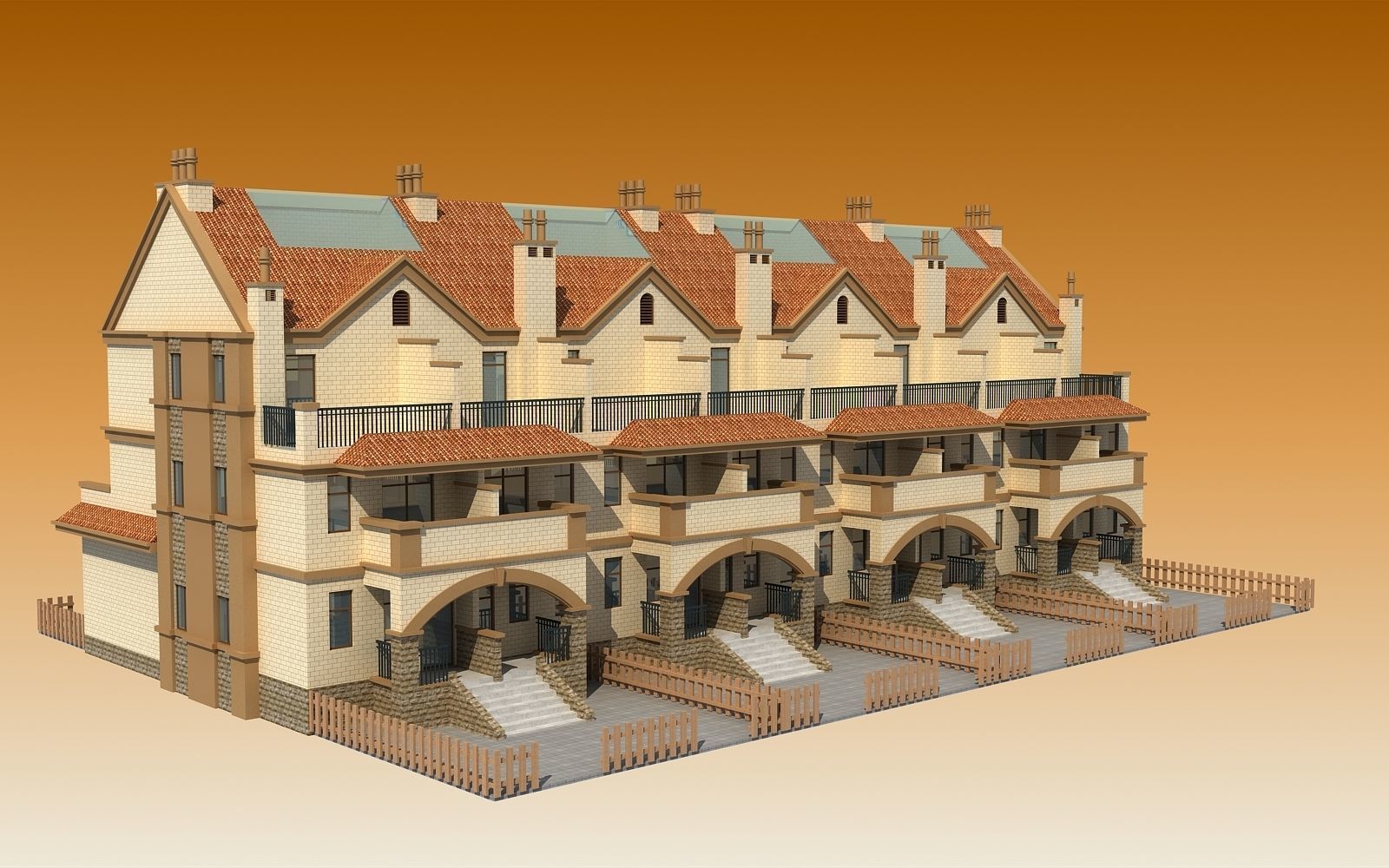 TOWNHOUSES terraced house Low-poly 3D model_3