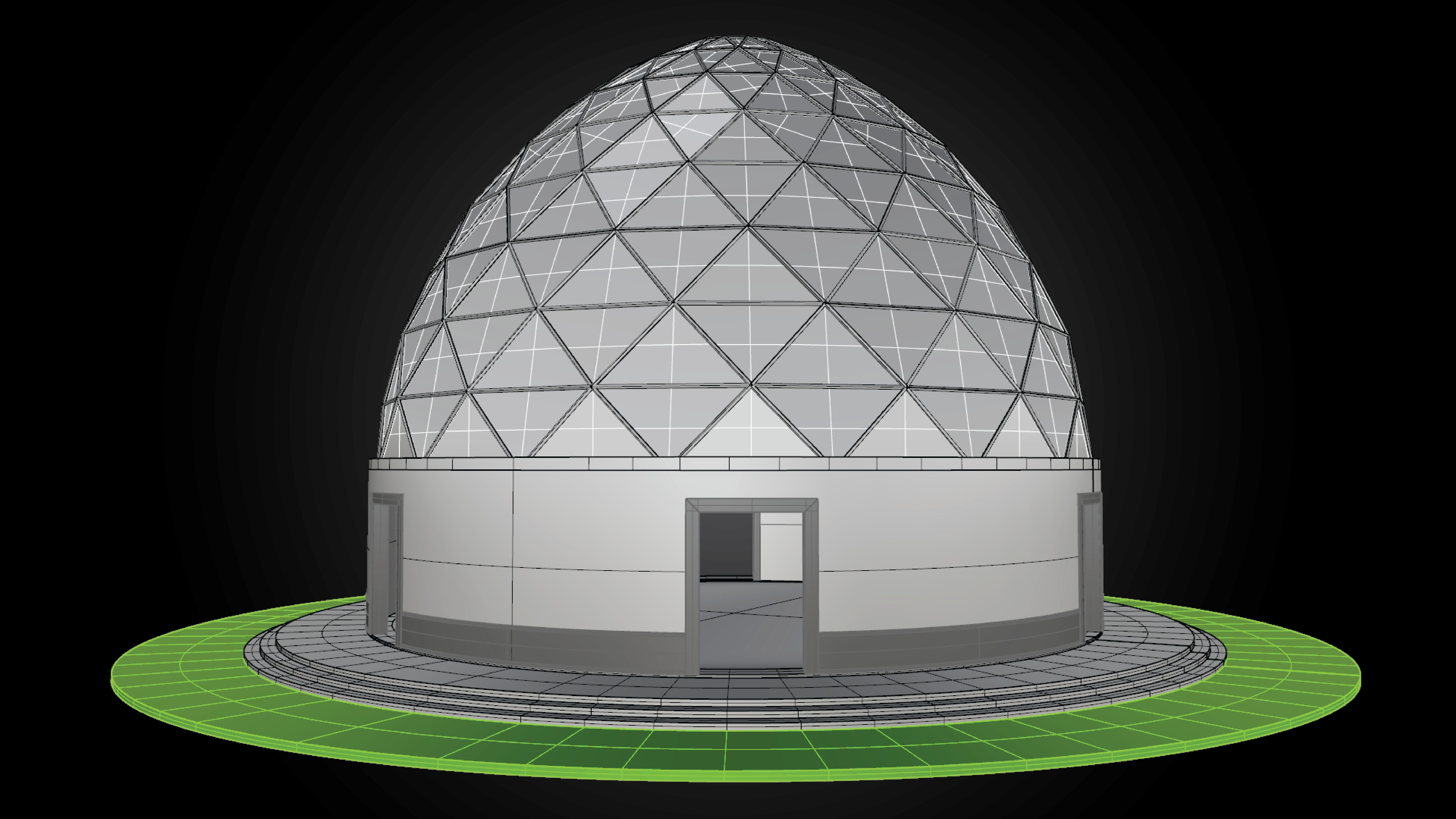 Dome triangulated glass panels and wire-frame structure w base 3D model_8
