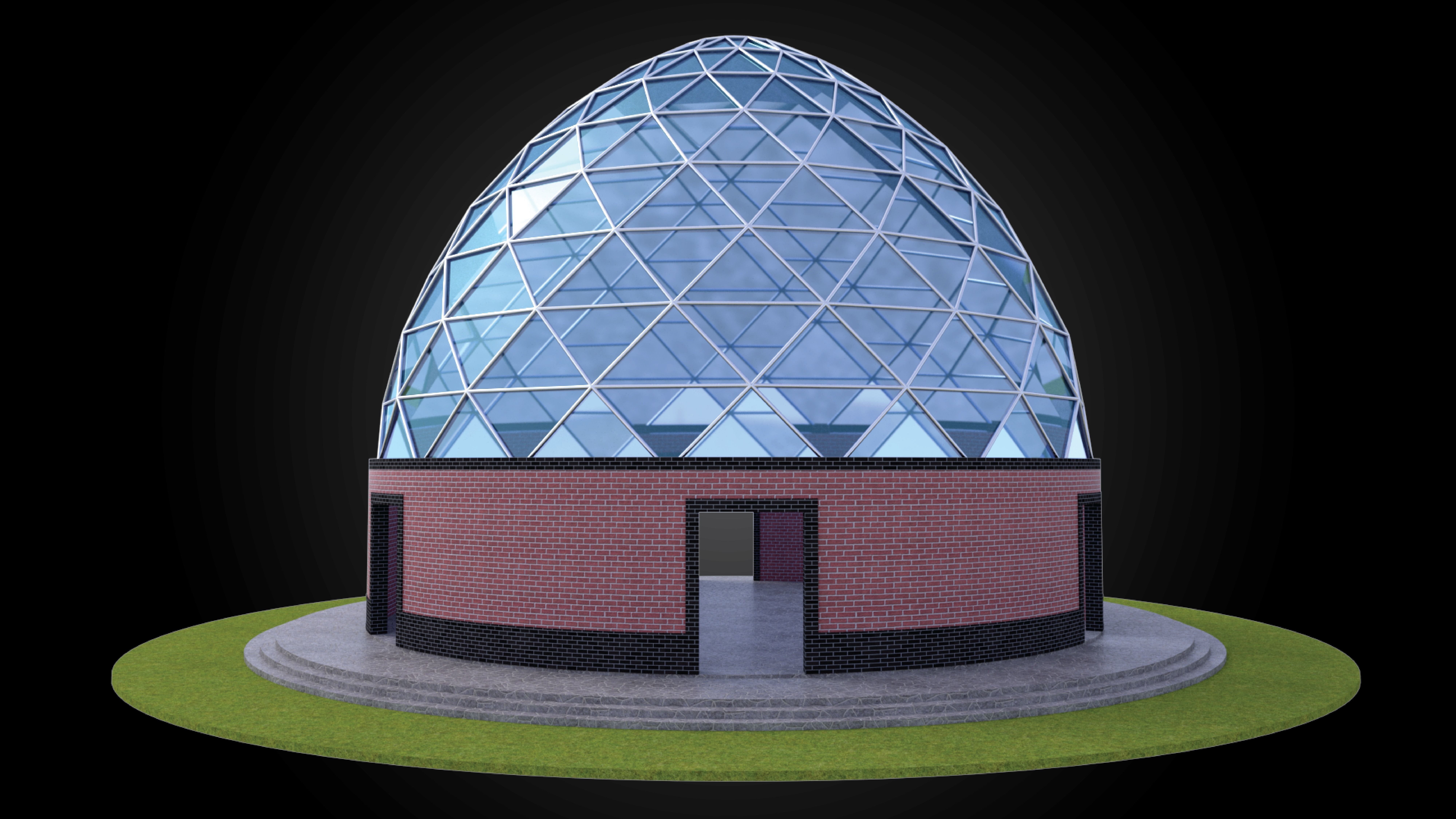 Dome triangulated glass panels and wire-frame structure w base 3D model_5