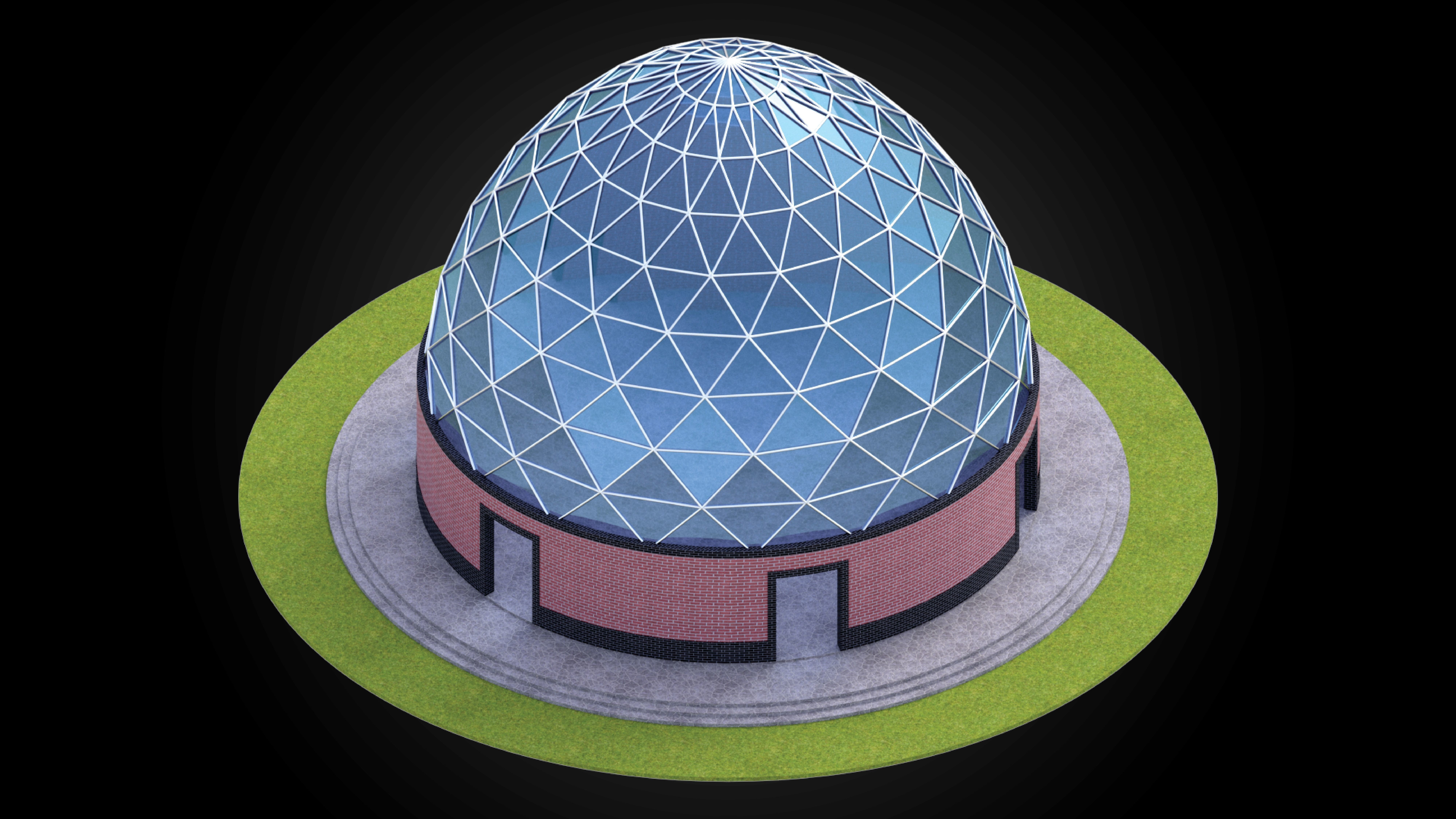 Dome triangulated glass panels and wire-frame structure w base 3D model_1