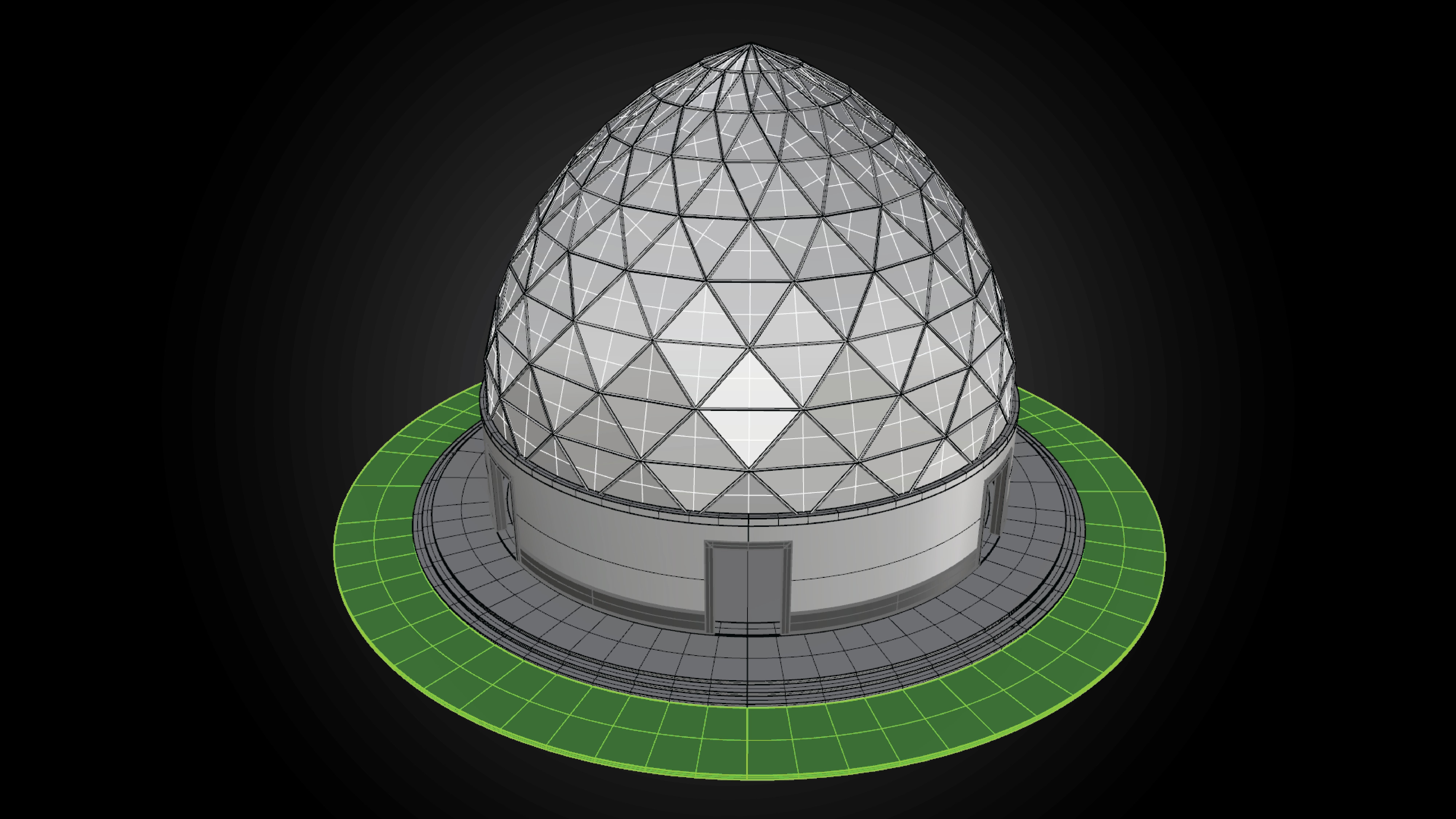Dome triangulated glass panels and wire-frame structure w base 3D model_11