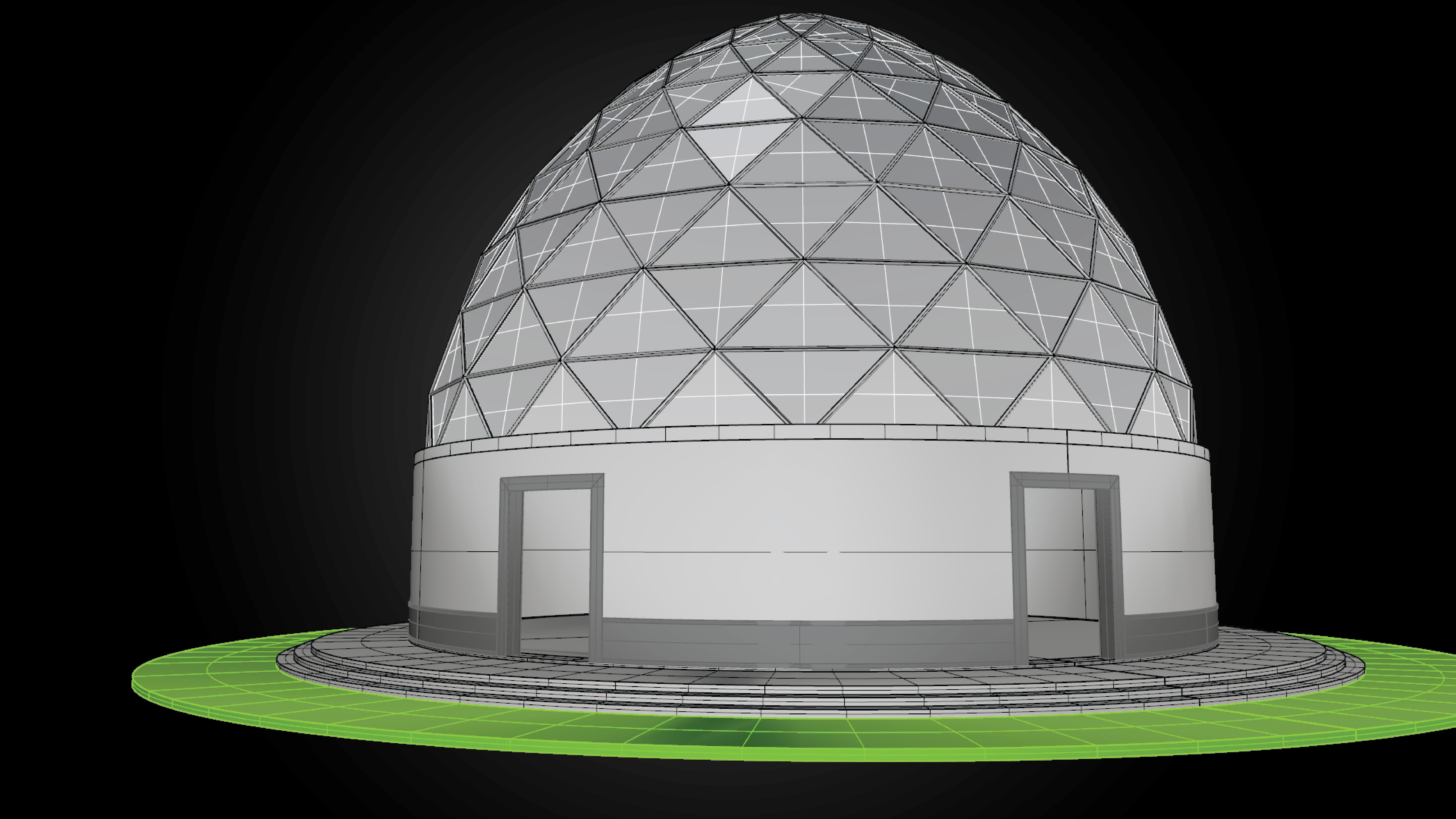 Dome triangulated glass panels and wire-frame structure w base 3D model_9