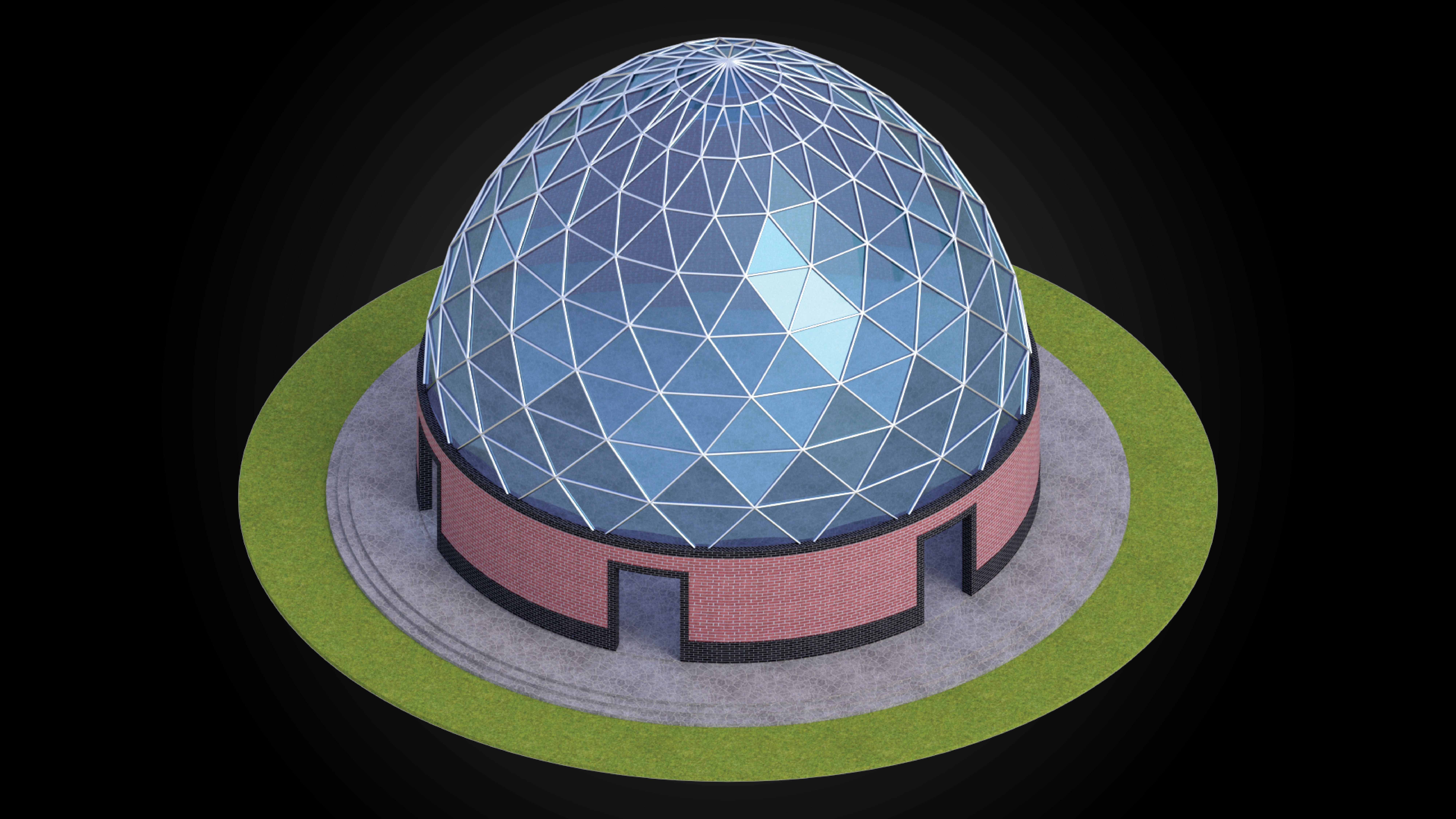 Dome triangulated glass panels and wire-frame structure w base 3D model_2