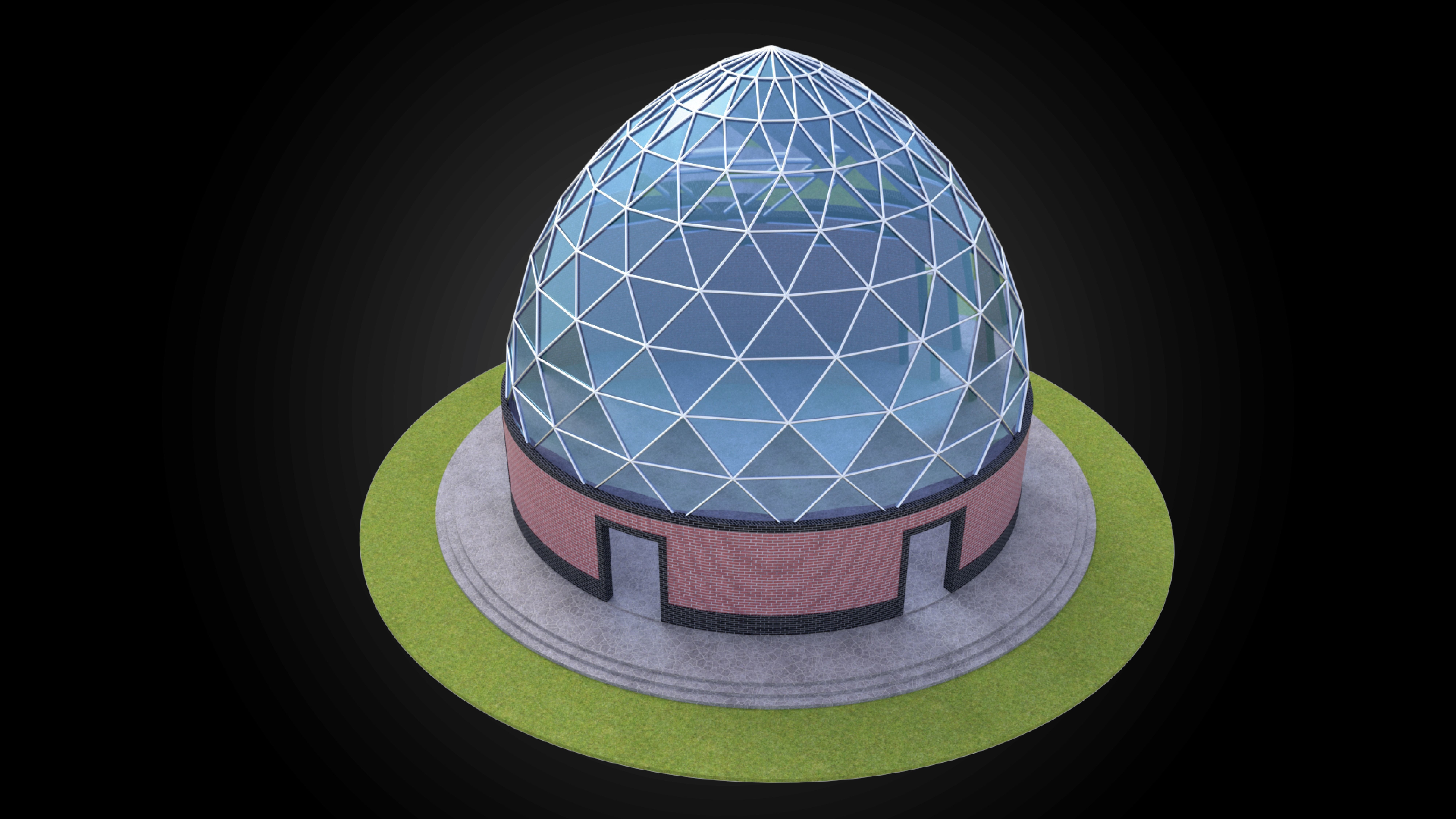 Dome triangulated glass panels and wire-frame structure w base 3D model_4