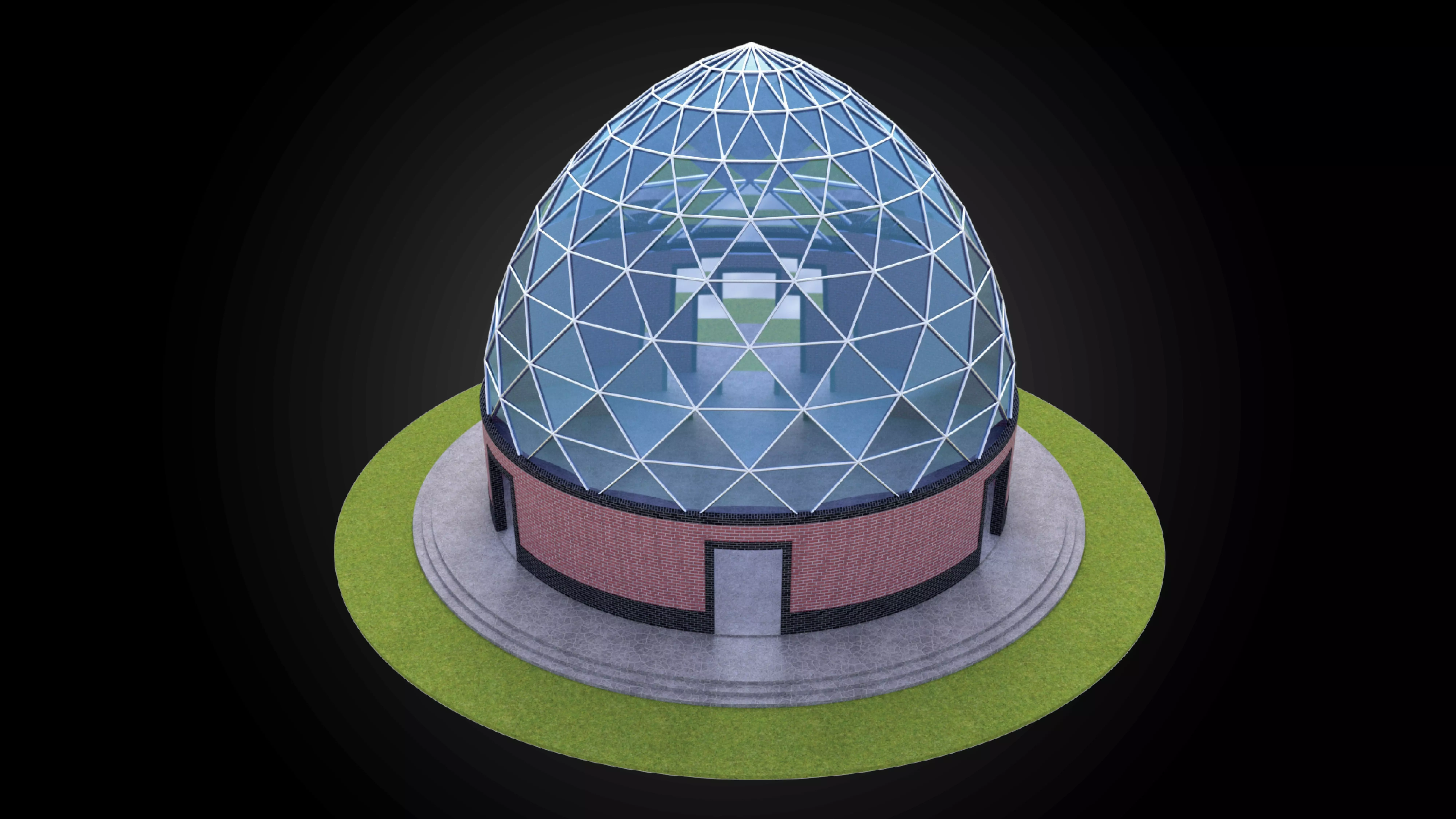 Dome triangulated glass panels and wire-frame structure w base 3D model_0
