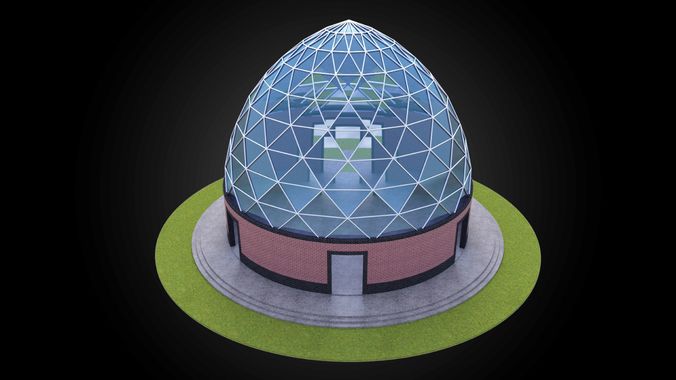 Dome triangulated glass panels and wire-frame structure w base 3D model