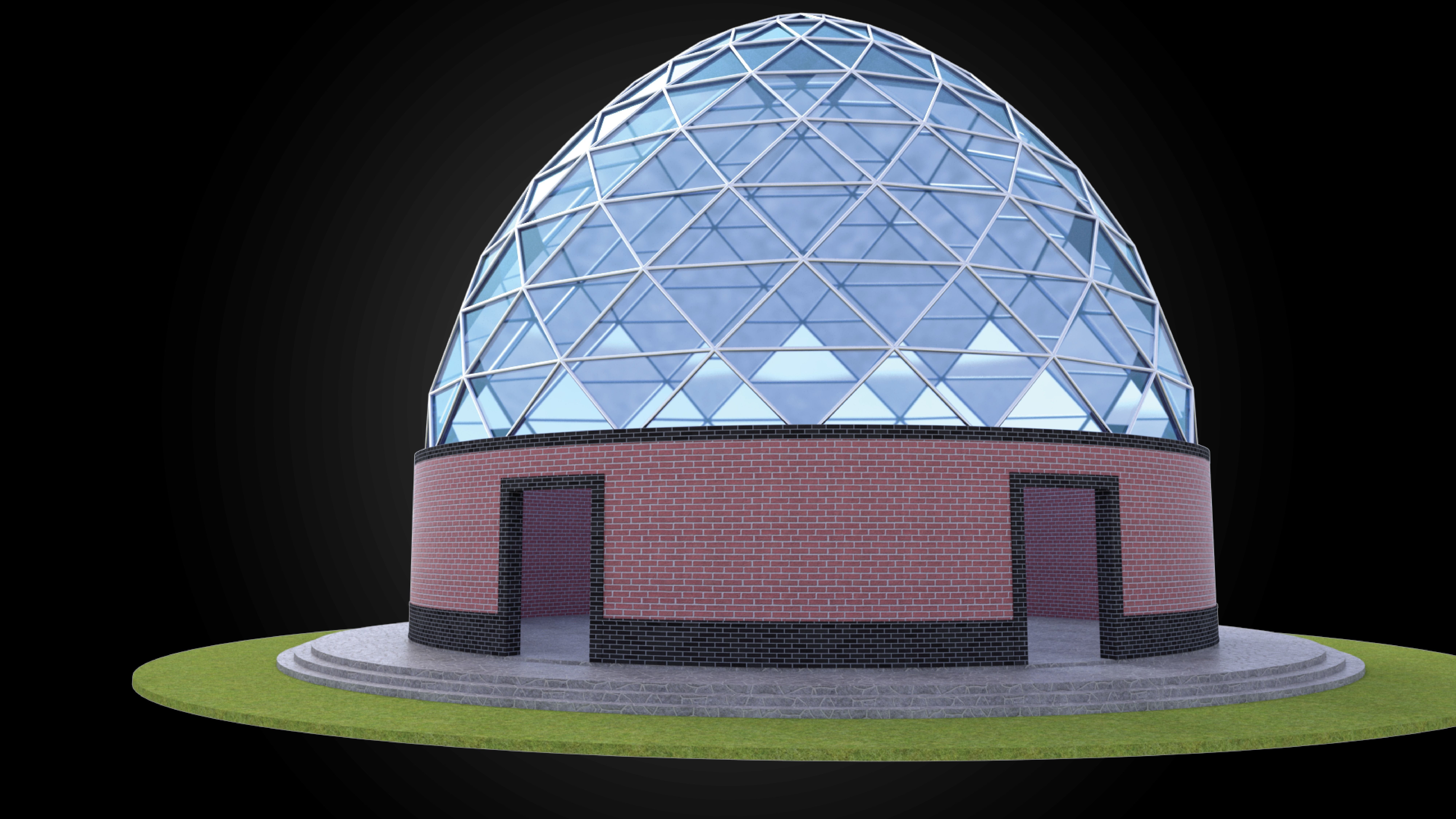 Dome triangulated glass panels and wire-frame structure w base 3D model_3