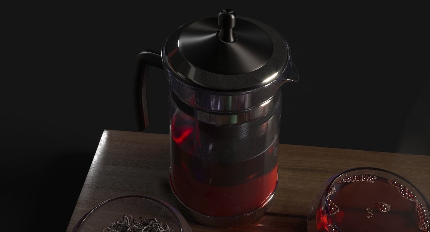 Tea Set pot and glasses on wooden tray 3D model_3