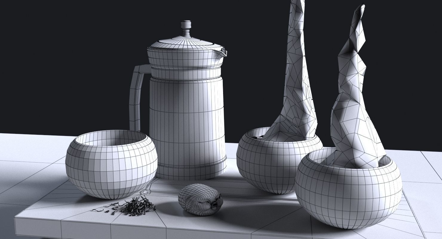 Tea Set pot and glasses on wooden tray 3D model_11